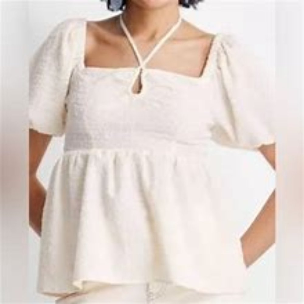 Future Collective 1X Cream Square Tie Neck Puffed Short Sleeve Top Blouse Womans